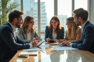 Groupe de quatre professionnels en réunion de travail