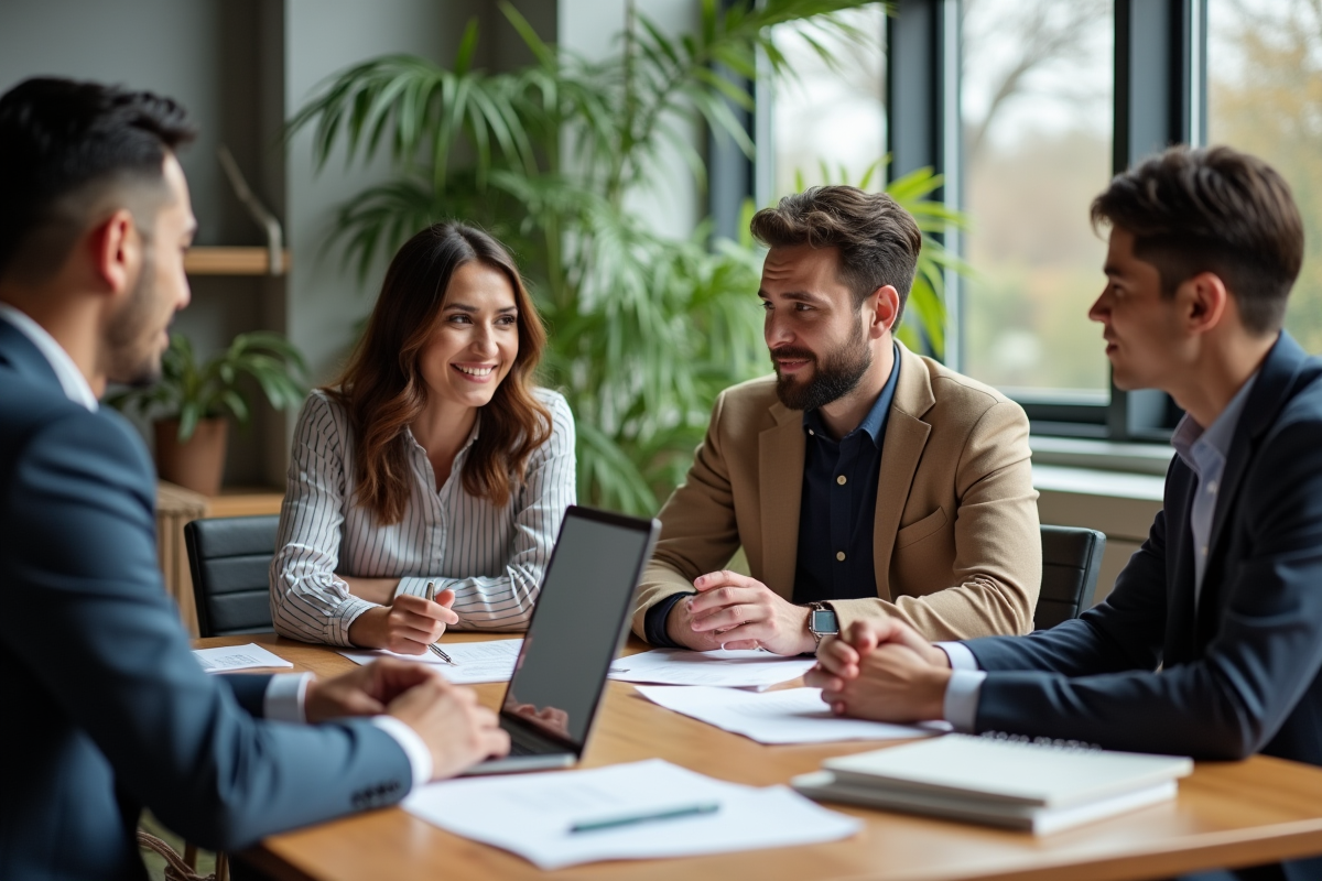 Groupe de quatre professionnels en discussion dans un bureau moderne
