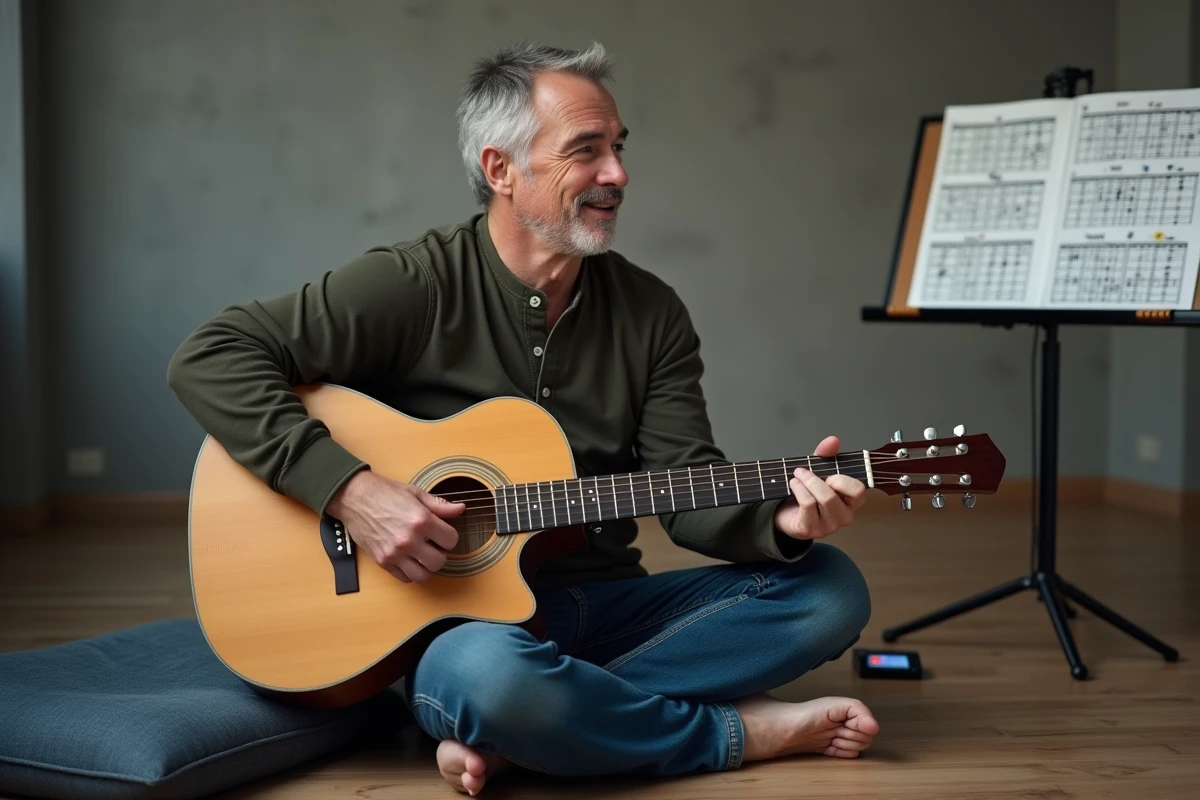 Guitariste adulte en studio minimaliste travaillant les transitions d'accords de la chanson Petite Marie