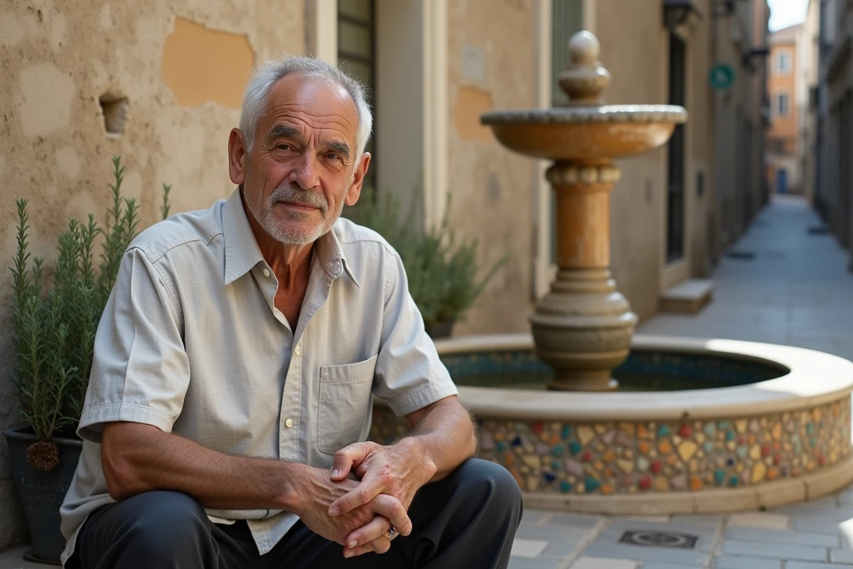 Portrait d'un habitant âgé du nord de Marseille assis sur un banc dans une placette historique du quartier
