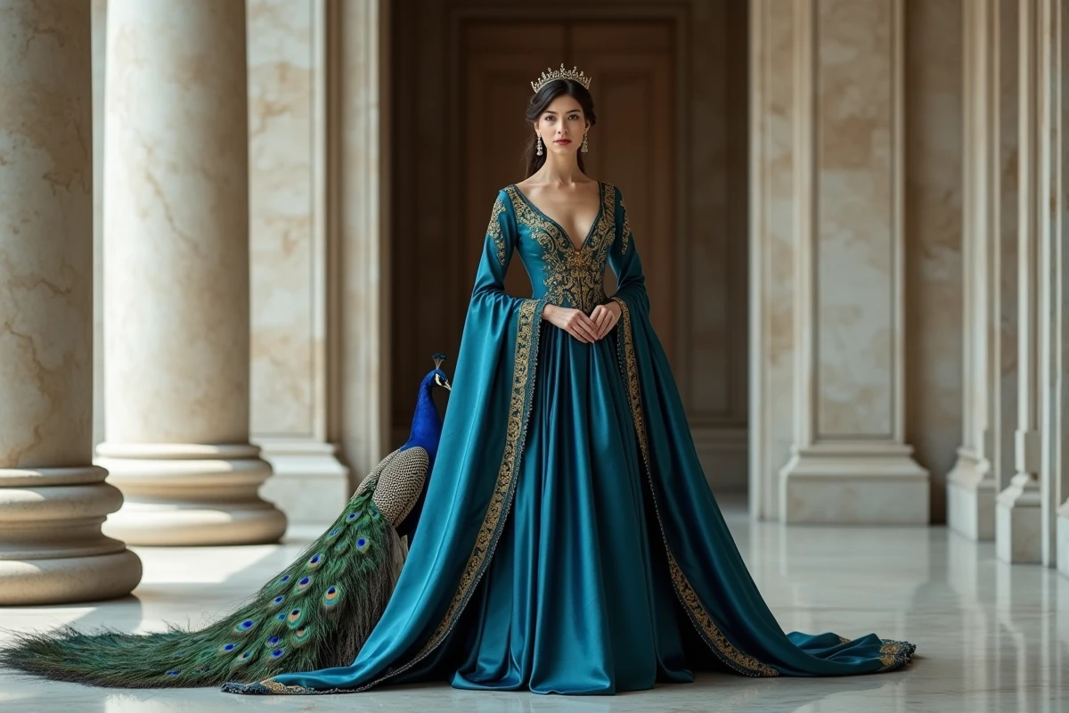 Femme noble en robe bleu paon et couronne dorée se tenant à l'entrée d'un palais de marbre avec un paon à ses pieds, représentant Héra déesse du mariage