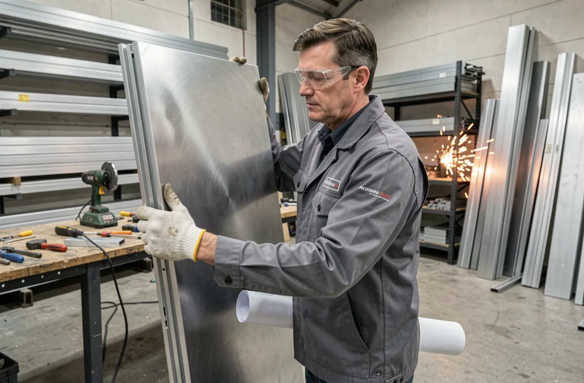 Technicien Heraud Alu assemblant un panneau de porte en aluminium dans un atelier de serrurerie