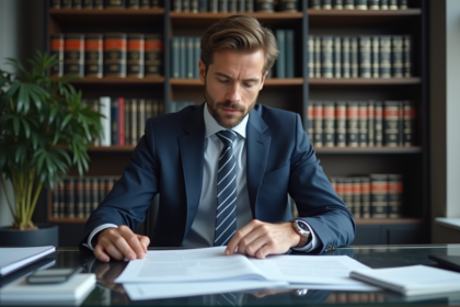 Homme d'affaires en costume bleu examine des documents fiscaux