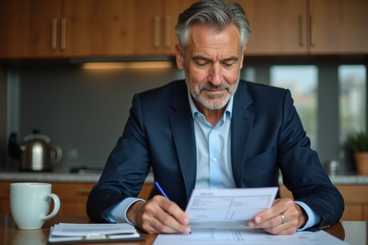 Homme d'affaires en costume regardant ses papiers