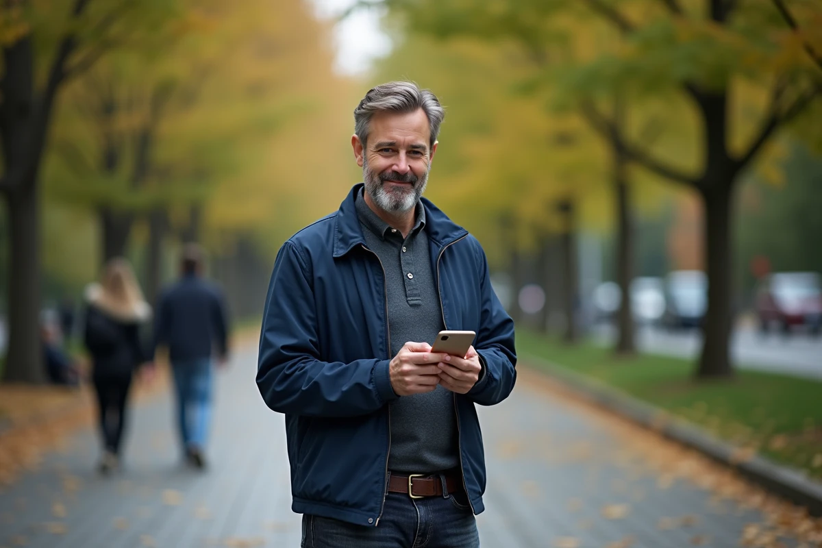 Homme dans un parc urbain en automne consultant une application de calcul d'âge sur son smartphone avec un sourire naturel
