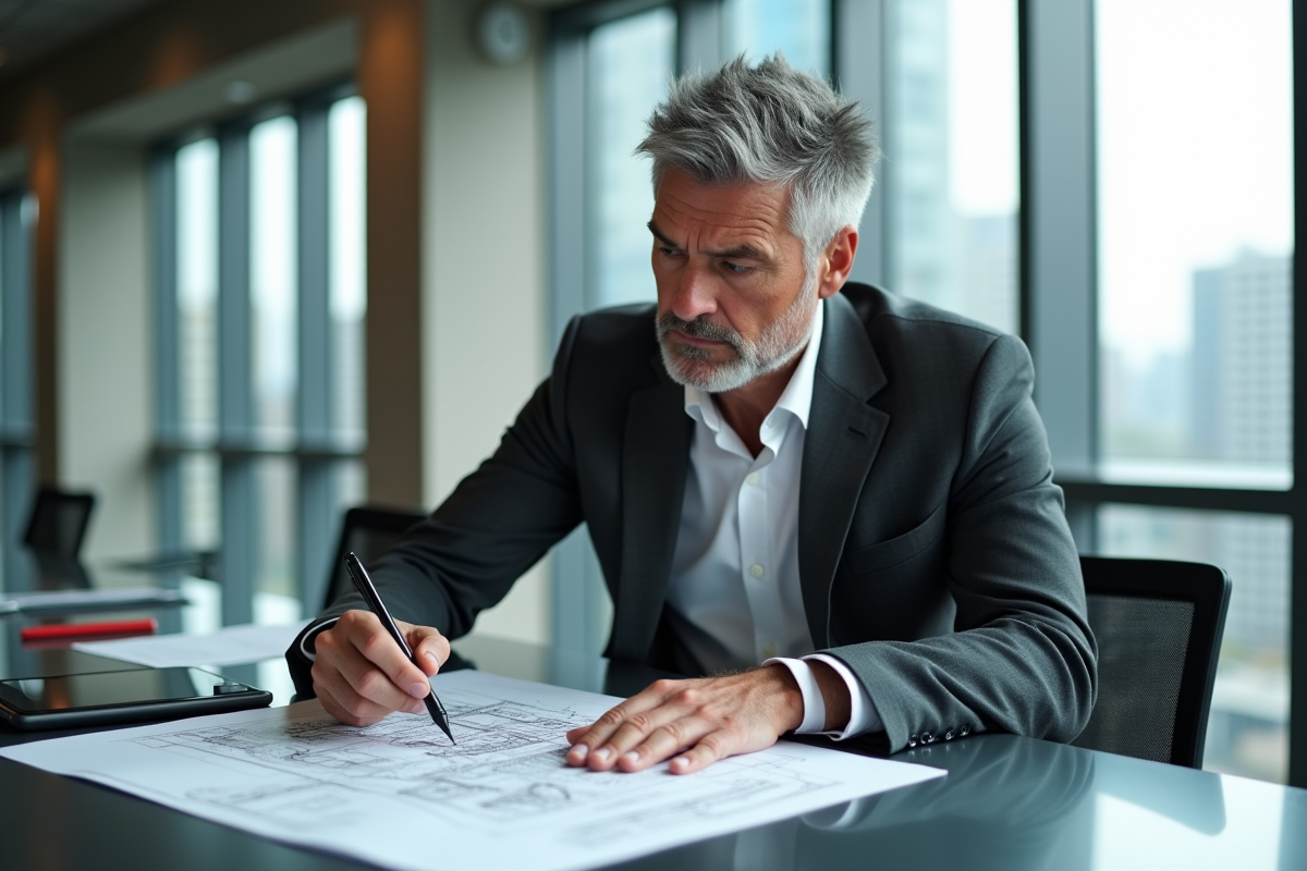 Homme architecte travaillant sur un plan sur une tablette dans un bureau moderne