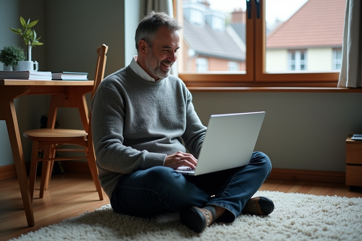 Homme souriant travaillant sur son laptop dans un bureau à domicile