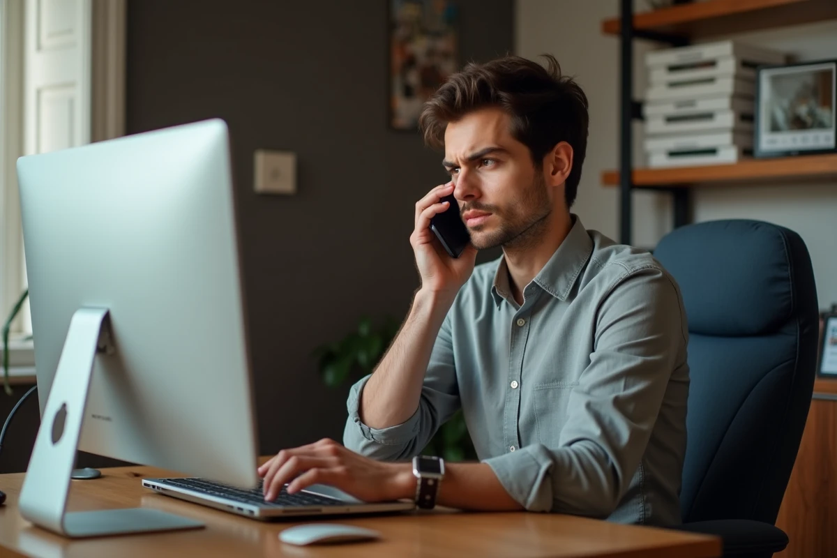 Jeune homme au bureau en train de parler au téléphone et taper sur un ordinateur
