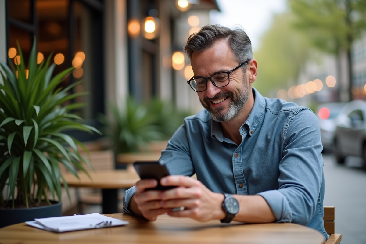 Homme daffaires souriant vérifiant une application fintech