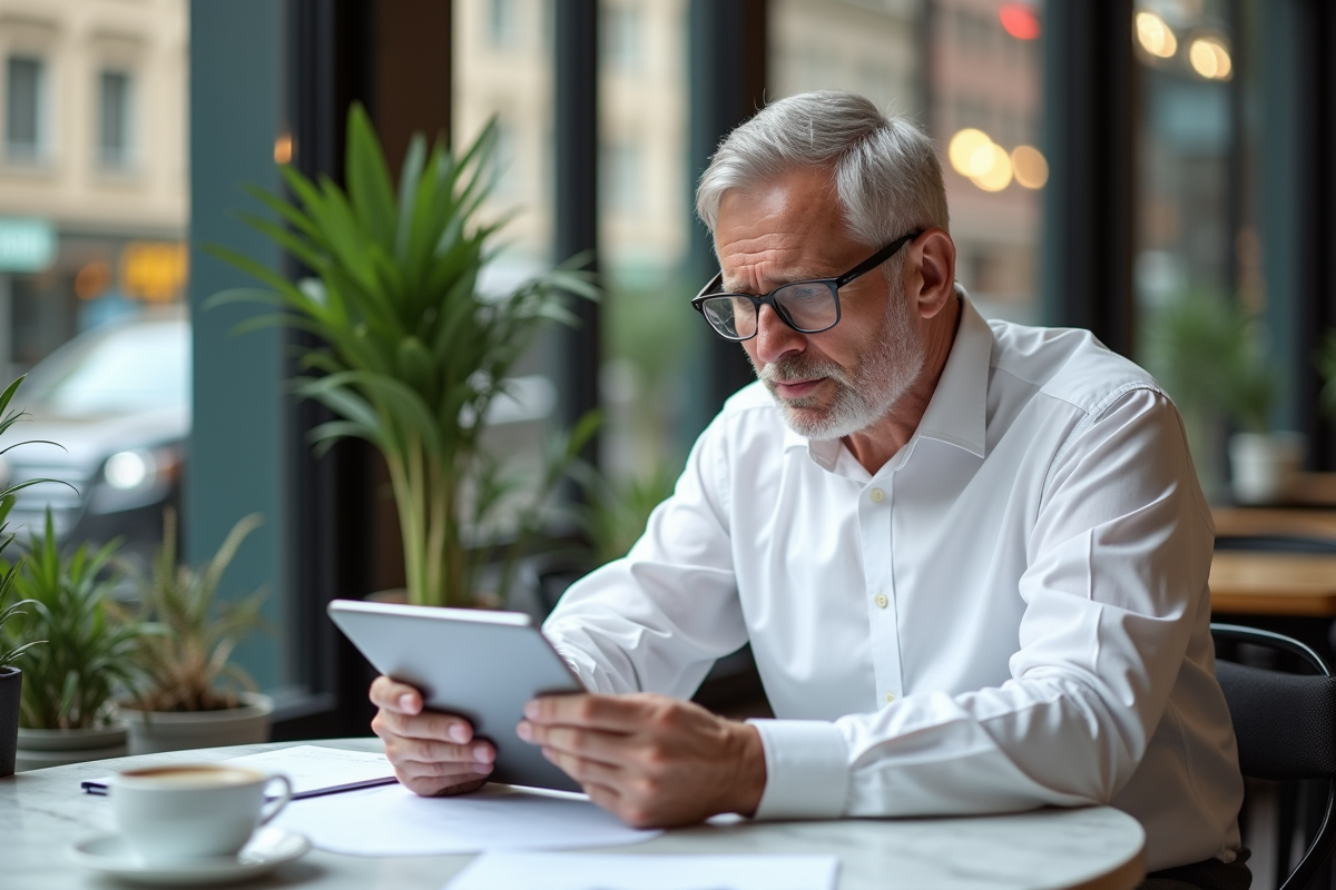 Homme d age dans un café consulte des résultats de traduction