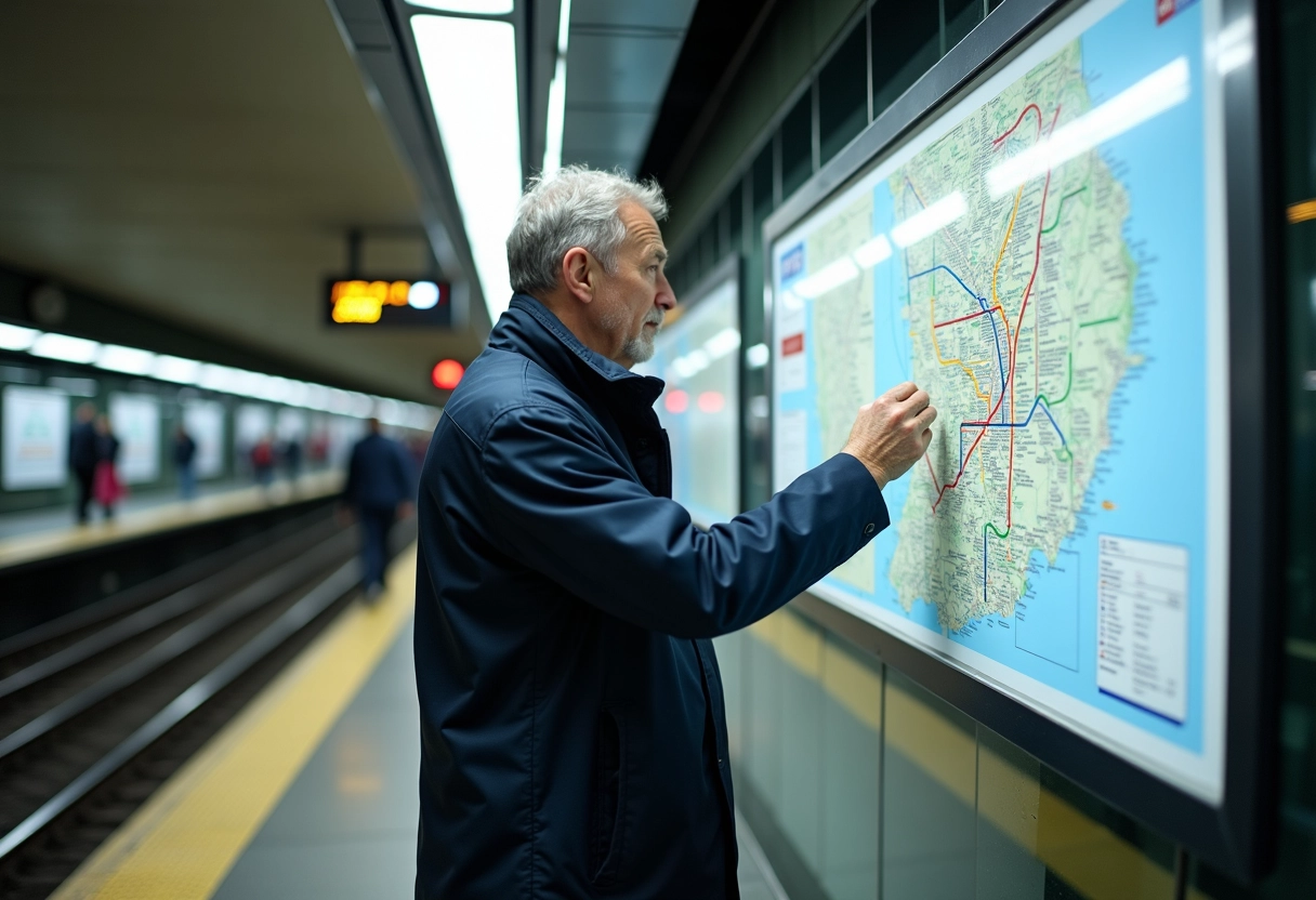 Homme regardant une carte du réseau RATP dans le métro
