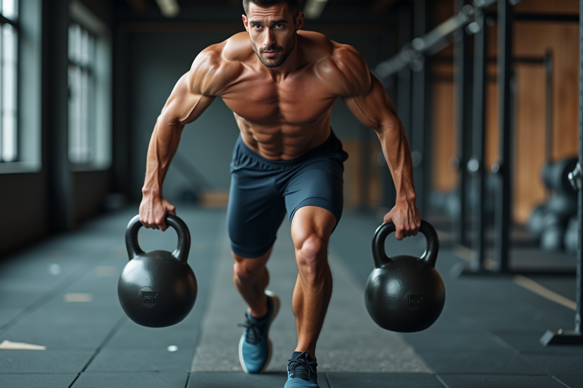 Jeune homme athlétique en crossfit avec kettlebells