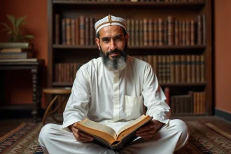 Homme musulman en tenue traditionnelle lisant un livre de jurisprudence islamique sur un tapis de prière, illustrant l'étude des madhabs et de la prière du witr