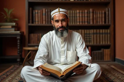 Homme musulman en tenue traditionnelle lisant un livre de jurisprudence islamique sur un tapis de prière, illustrant l'étude des madhabs et de la prière du witr