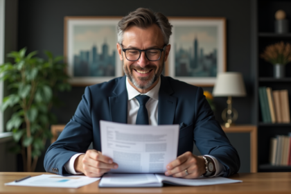 Homme d'affaires en costume bleu dans un bureau moderne
