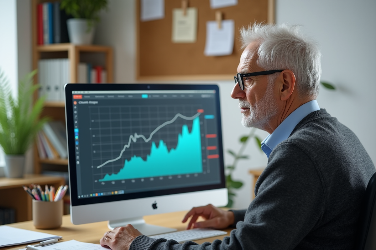 Homme âgé analysant des graphiques financiers dans son bureau