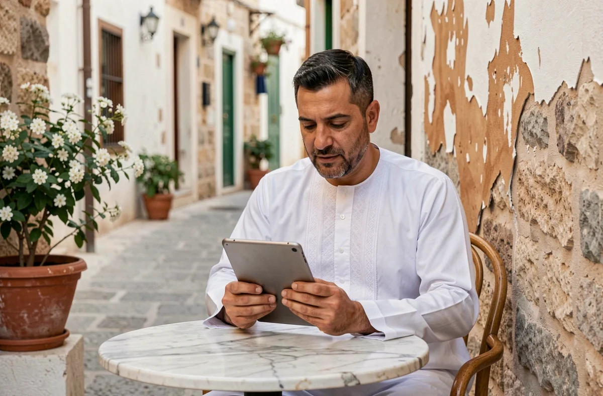 Homme tunisien en gandoura lisant des messages 'Saha ftourkoum' sur une tablette dans une ruelle de médina