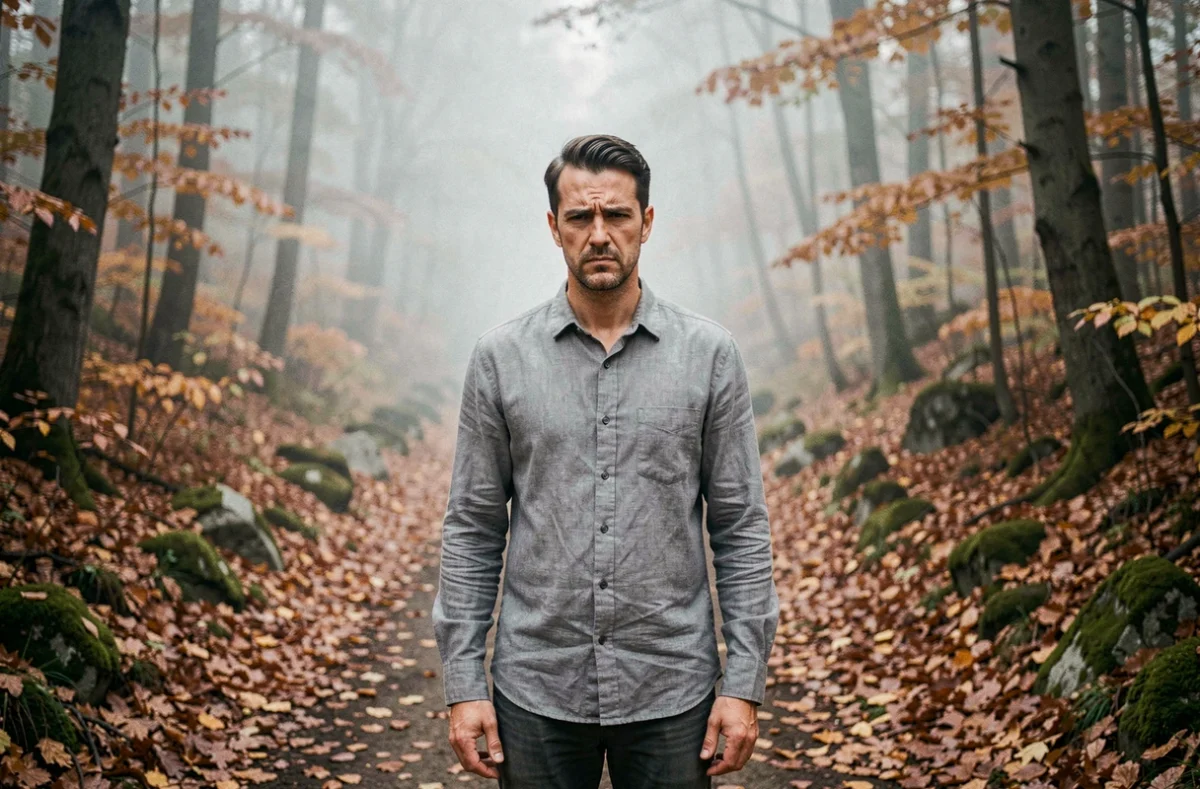 Homme hésitant devant un embranchement de sentier en forêt, illustrant le paradoxe de l'âne de Buridan face à un choix impossible