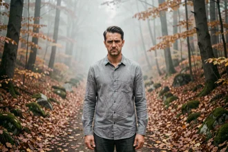 Homme hésitant devant un embranchement de sentier en forêt, illustrant le paradoxe de l'âne de Buridan face à un choix impossible