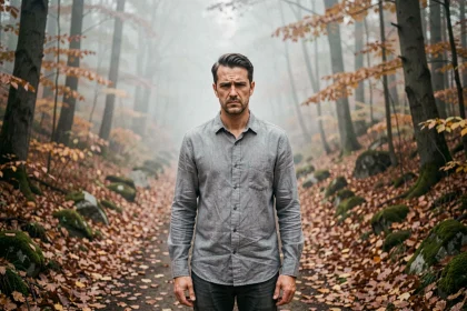 Homme hésitant devant un embranchement de sentier en forêt, illustrant le paradoxe de l'âne de Buridan face à un choix impossible