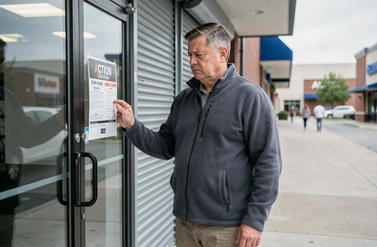 Homme lisant les horaires d'ouverture affichés sur la porte d'un magasin Action fermé le dimanche matin