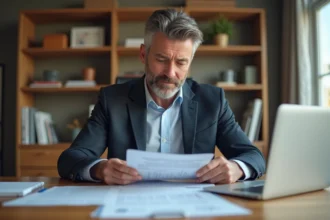 Homme d'âge moyen lisant un rapport financier dans un bureau moderne