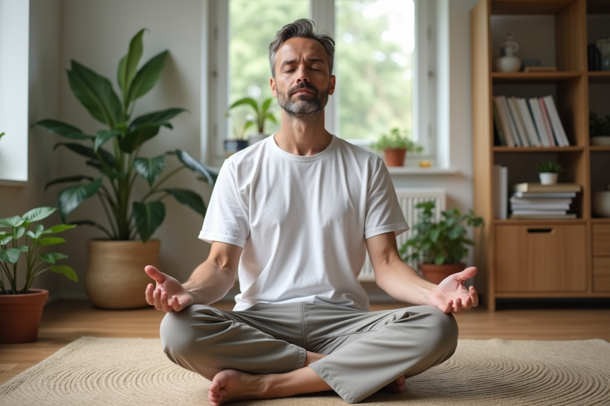 Homme méditant dans un salon moderne