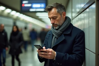 Homme d'âge moyen dans le métro de Paris vérifiant le trafic