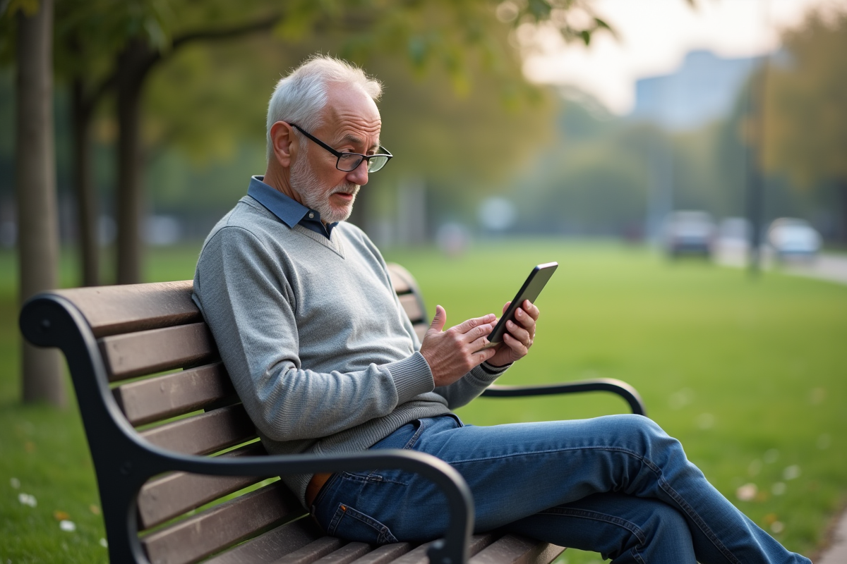 Homme assis sur un banc dans un parc avec une tablette