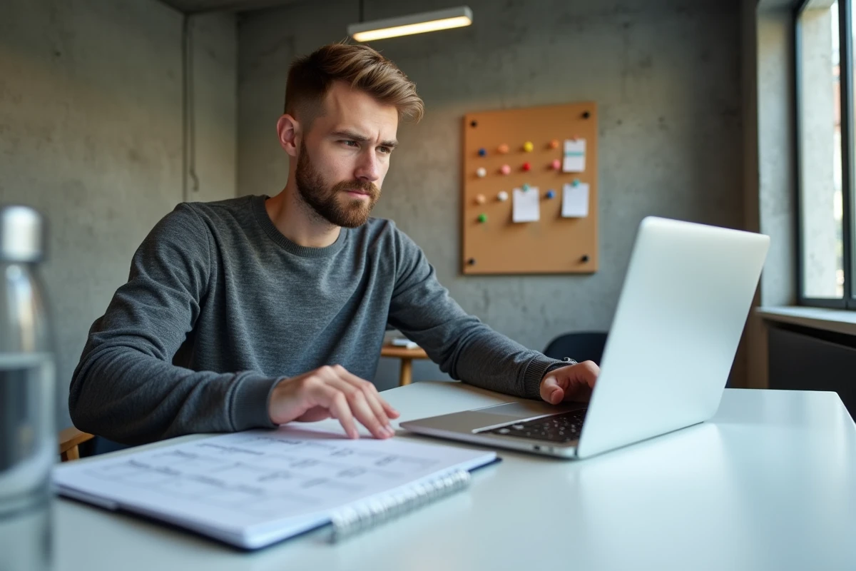 Homme consultant un planning mensuel imprimé à côté d'un ordinateur portable dans un espace de coworking moderne