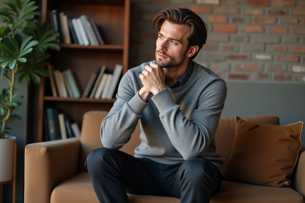 Jeune homme assis ajustant son pull en intérieur cosy