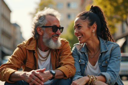 Homme élégant avec barbe et tresses souriant avec une femme confiante en extérieur