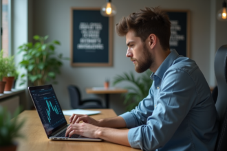 Jeune homme en bureau travaillant sur blockchain