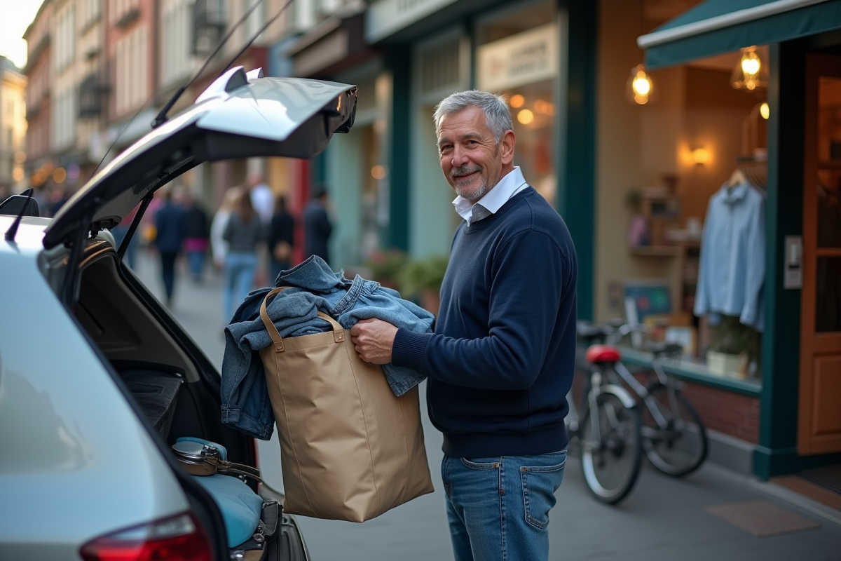 Homme souriant dépose des vêtements dans une boutique de seconde main