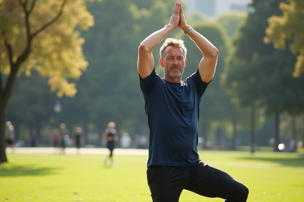 Homme faisant du yoga dans un parc en ville