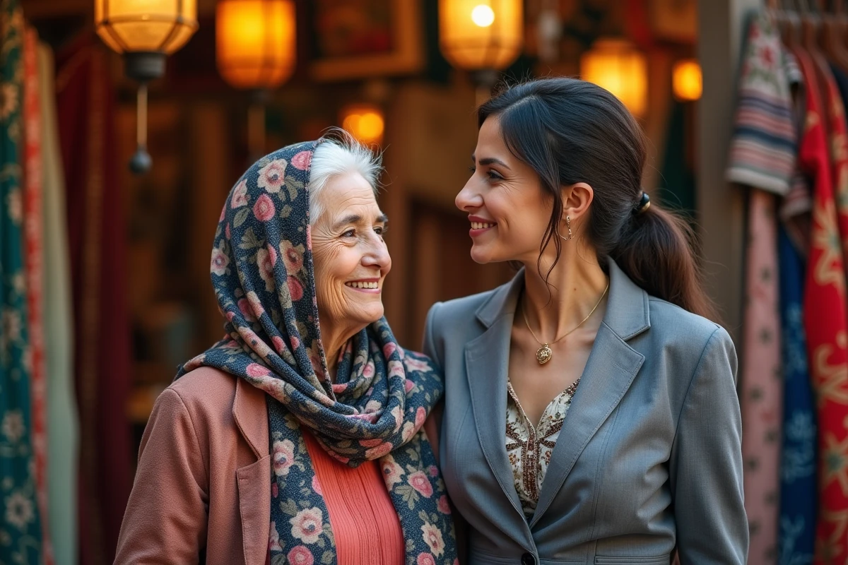 Deux femmes de générations différentes devant un souk marocain, représentant le lien entre origines familiales et trajectoire professionnelle d'une femme politique