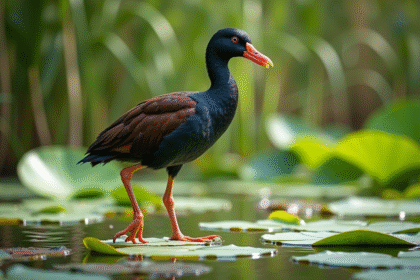 Jacana marchant sur des nénuphars flottants avec feuillage vert