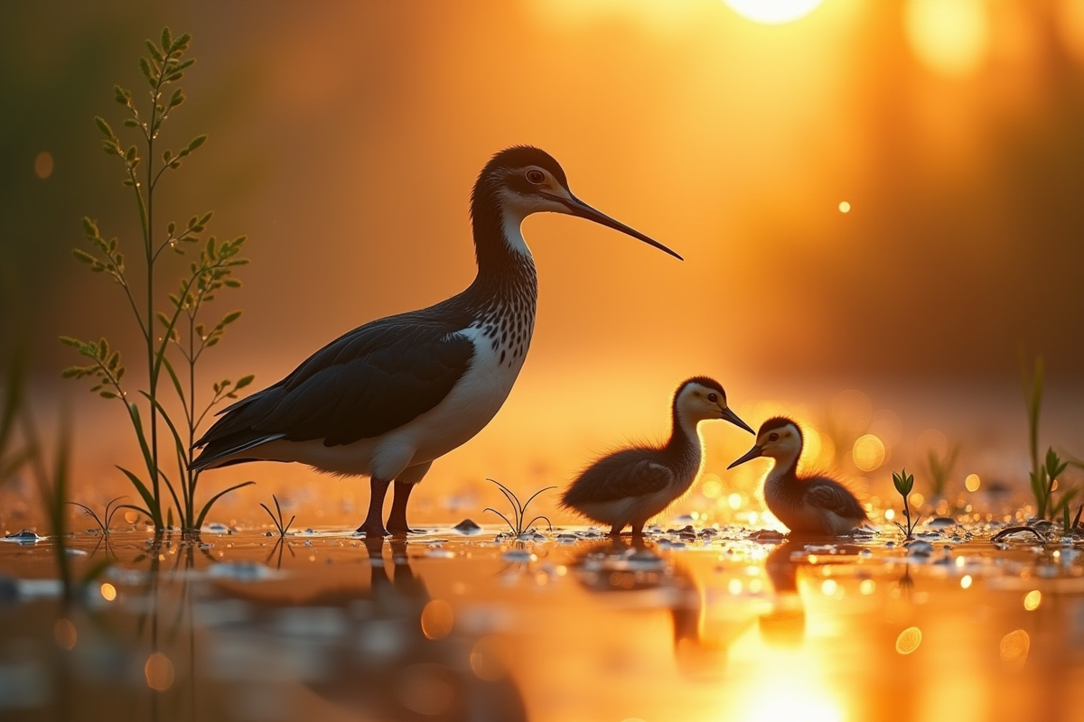 Jacana avec ses poussins au lever du soleil dans un marais brumeux