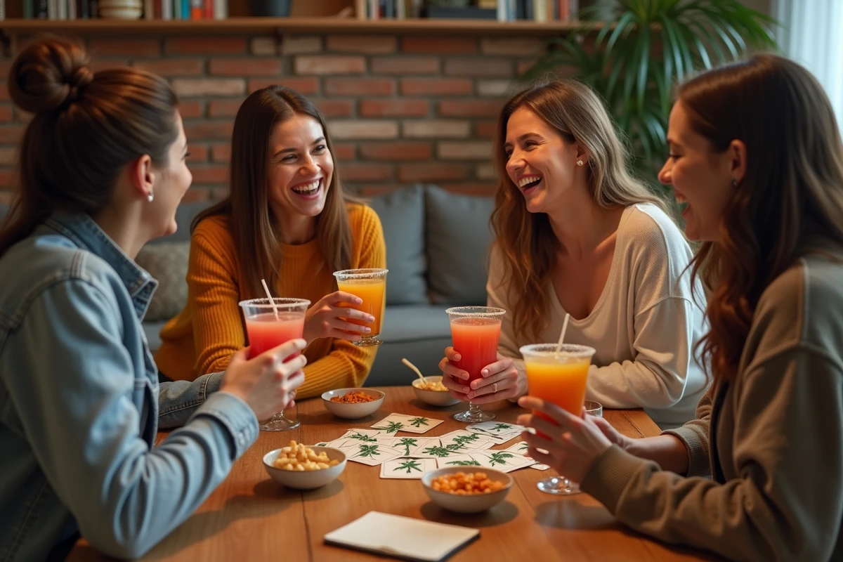Groupe d'amis jouant au Jeu du Palmier autour d'une table avec des verres et des cartes de gages