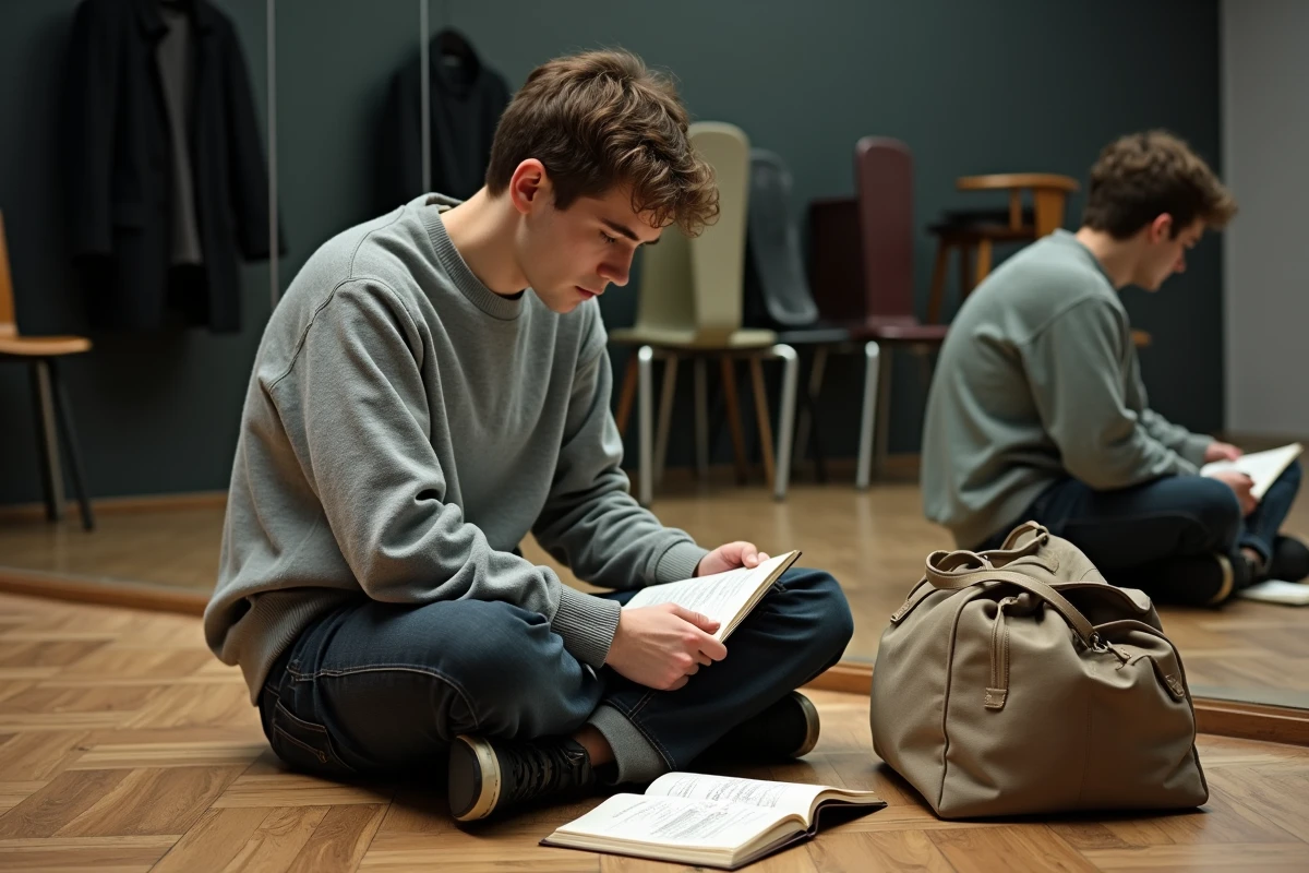Jeune acteur en répétition écrivant dans un carnet personnel, processus créatif autobiographique en studio