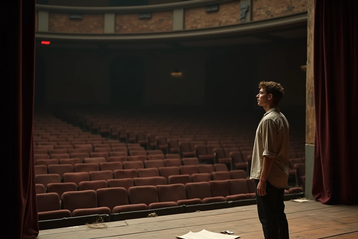 Jeune acteur seul sur scène de théâtre contemplant la salle vide, atmosphère introspective et autobiographique