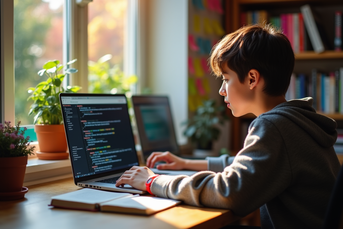 Jeune étudiant étudiant à la maison avec livres et ordinateur sur la cybersécurité