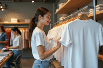 Jeune femme dans une boutique examine des t-shirts blancs