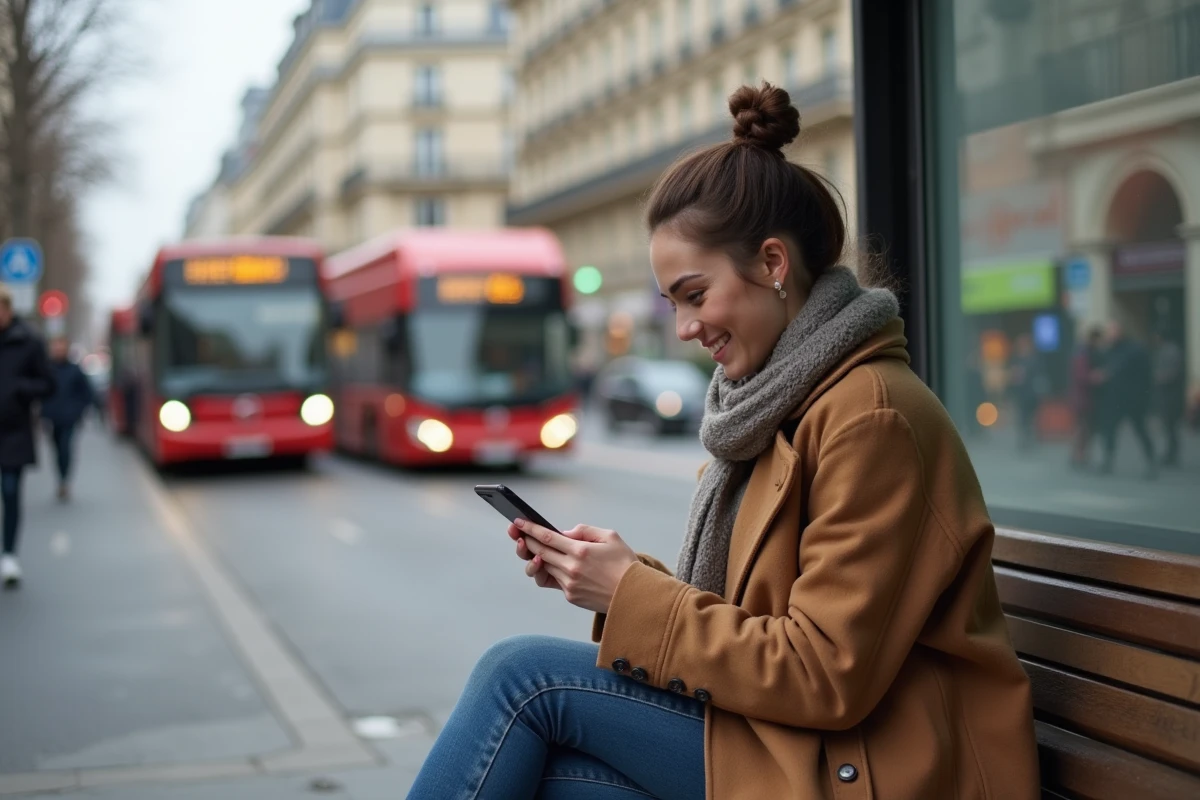 Jeune femme souriante à un arrêt de bus parisien utilisant son téléphone