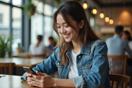 Jeune femme souriante dans un café moderne avec smartphone