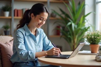 Jeune femme dessinant sur une tablette dans un intérieur lumineux