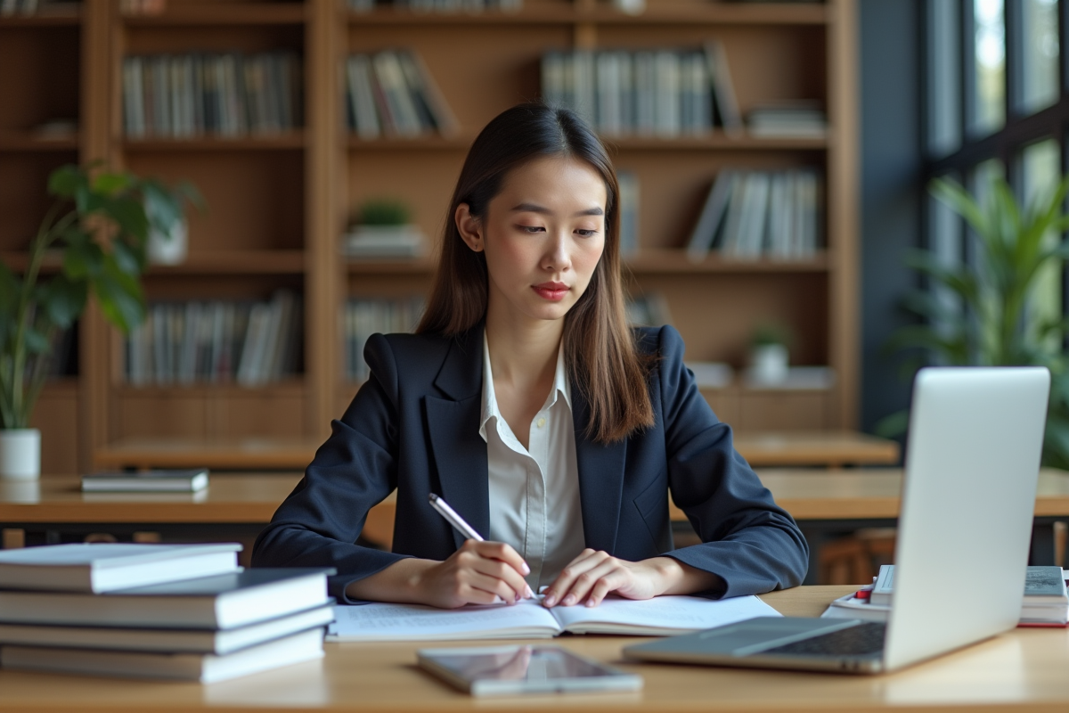 Jeune femme en blazer consulte brochures universitaires