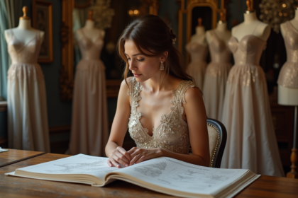 Jeune femme en robe de haute couture dans un atelier élégant