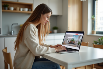 Jeune femme utilisant un ordinateur dans une cuisine moderne
