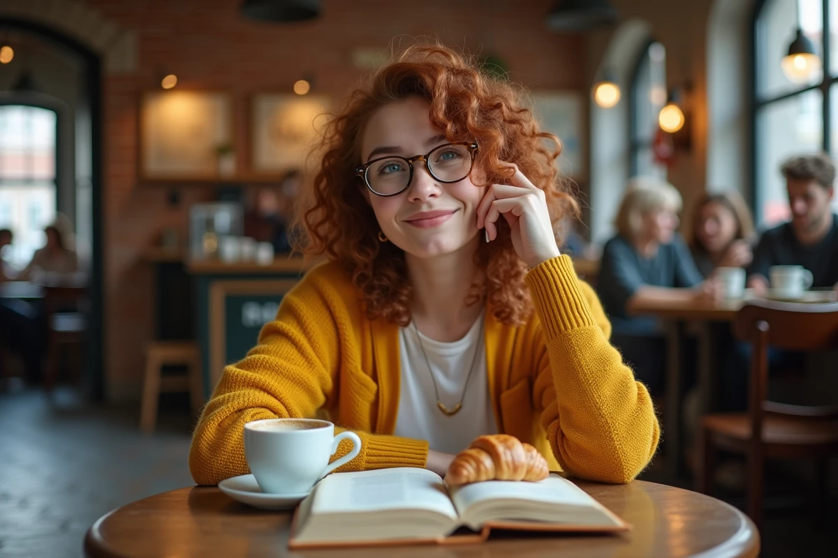 Jeune femme souriante lisant un livre broché dans un café parisien avec un expresso et un croissant sur la table